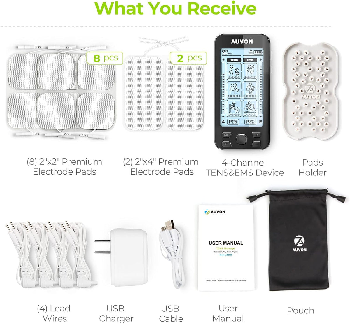 AUVON 4 Outputs TENS Unit Muscle Stimulator for Pain Relief, Large LCD 24 Modes TENS Machine, Drug-Free Pain Relief Therapy for Shoulders, Lower Back & Muscles, 10 Pcs 2" and 2"x4" TENS Pads