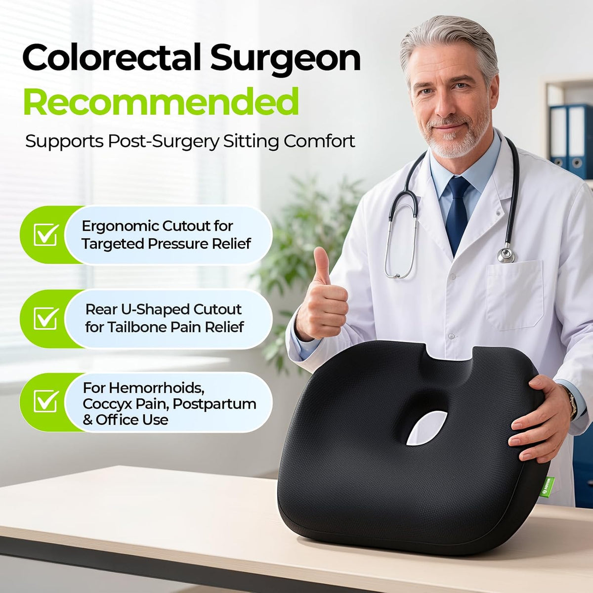 AUVON Innovative Donut Pillow Hemorrhoids Scientific Center Hole and Tailbone Cutout, Orthopedic Pain Relief Donut Seat Cushion for Coccyx, Sciatica, Postpartum Pregnancy, After Surgery Sitting Relief