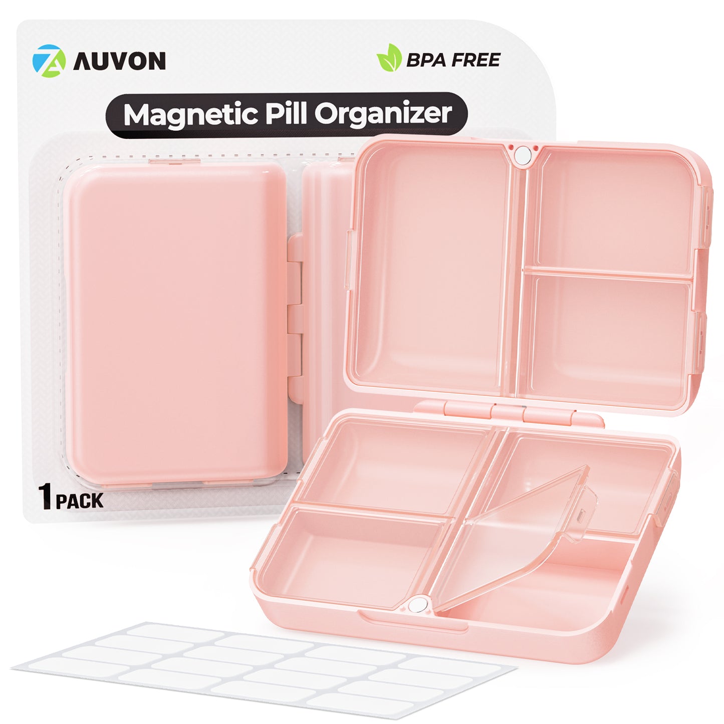 AUVON Travel Pill Organizer with Folding Design, 7 Compartments Daily Pill Case with Long-lasting Hinges, Portable Pill Box for Purse Pocket, Small Pill Container for Fish Oil, Vitamin (Pink)