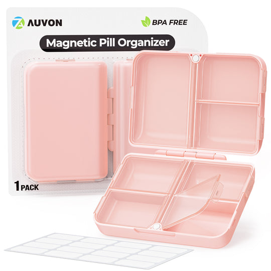AUVON Travel Pill Organizer with Folding Design, 7 Compartments Daily Pill Case with Long-lasting Hinges, Portable Pill Box for Purse Pocket, Small Pill Container for Fish Oil, Vitamin (Pink)