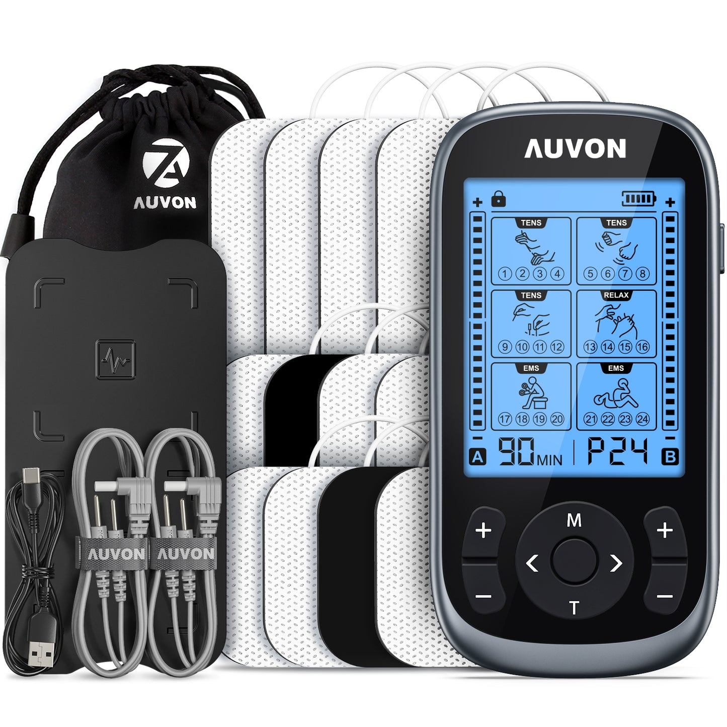 AUVON 3-in-1 TENS Unit Muscle Stimulator, EMS Massage Machine with 40 Intensities for Gradual Shoulder, Sciatica, Back Pain Relief, 24 Modes Rechargeable Electronic Pulse Massager with 12 TENS Pads