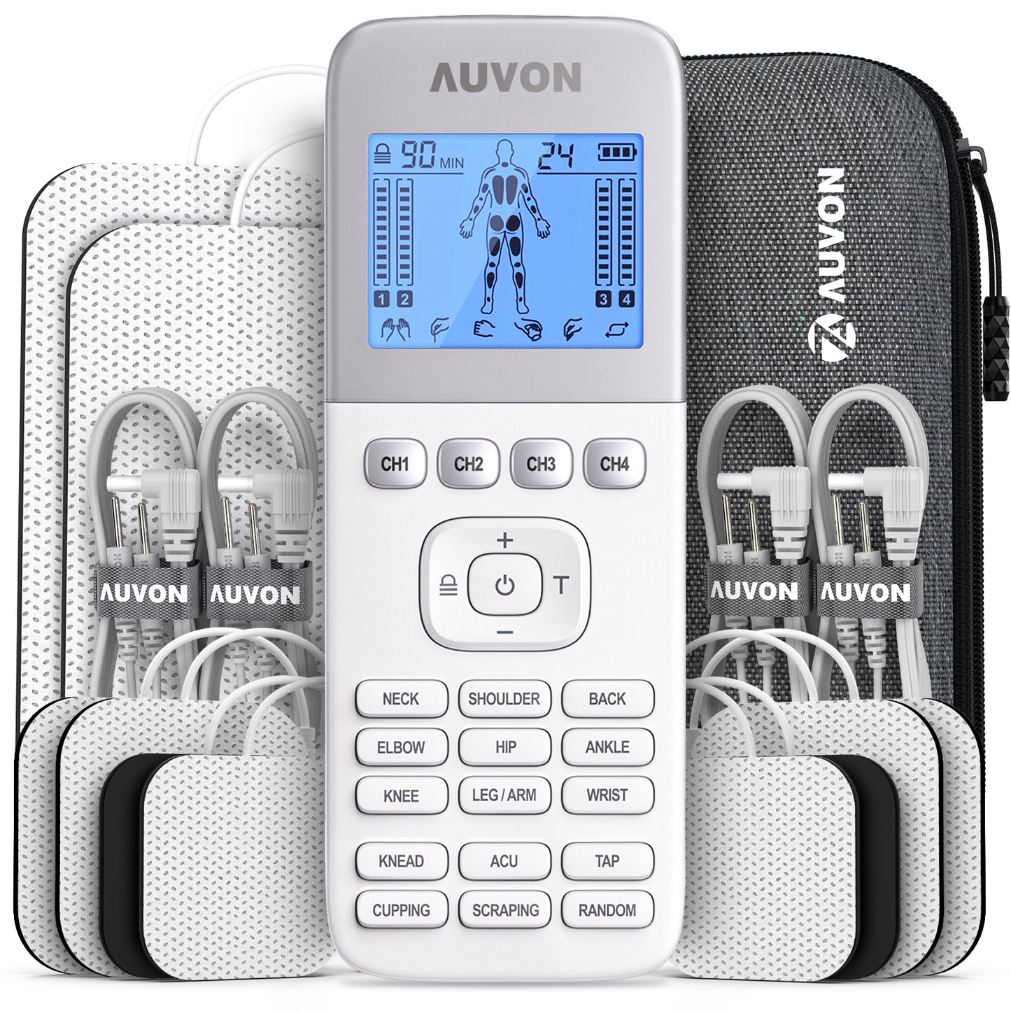 AUVON 4 Outputs TENS Unit 24 Modes Muscle Stimulator with EVA Travel Case, Rechargeable TENS EMS Machine with Easy-to-Select Button Design for Pain Relief, 2X Battery Life, 10 Electrode Pads