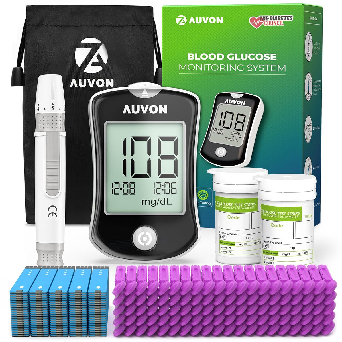 Kit de surveillance de la glycémie AUVON, kit de test de glycémie de haute précision avec 50 bandelettes de glucomètre, 50 lancettes 30G, 1 autopiqueur, kit de test du diabète I-QARE DS-W, sans codage requis, taille voyage