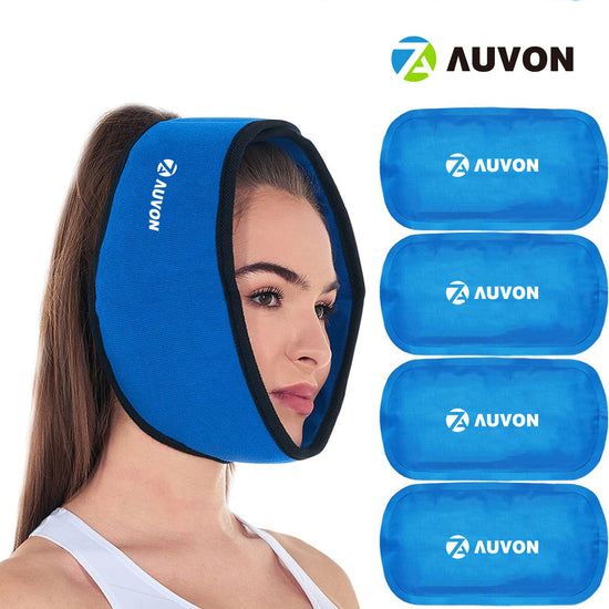 AUVON Face Ice Pack Wrap for TMJ Relief, Wisdom Teeth, Jaw, Head and Chin, 4 Reusable Hot and Cold Gel Packs, Pain Relief for Mouth, Oral and Facial Surgery