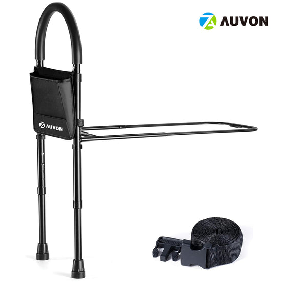 AUVON Bed Assist Rail with Adjustable Heights - with Storage Pocket - for Seniors with Hand Assistant bar - Easy to get in or Out of Bed Safely with Floor Support