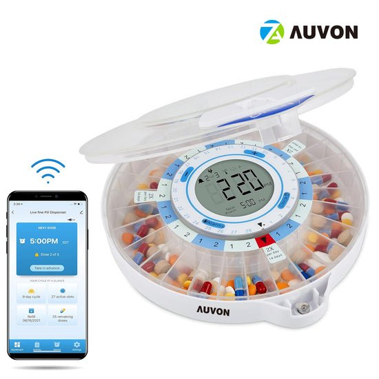 Auvon Smart WiFi Automatic Pill Dispenser | 28-Day Medication Organizer Up to 9 Doses Per Day for Care Monitoring with Locking Key, Adjustable Light/Sound Alarms for Prescriptions & Vitamins