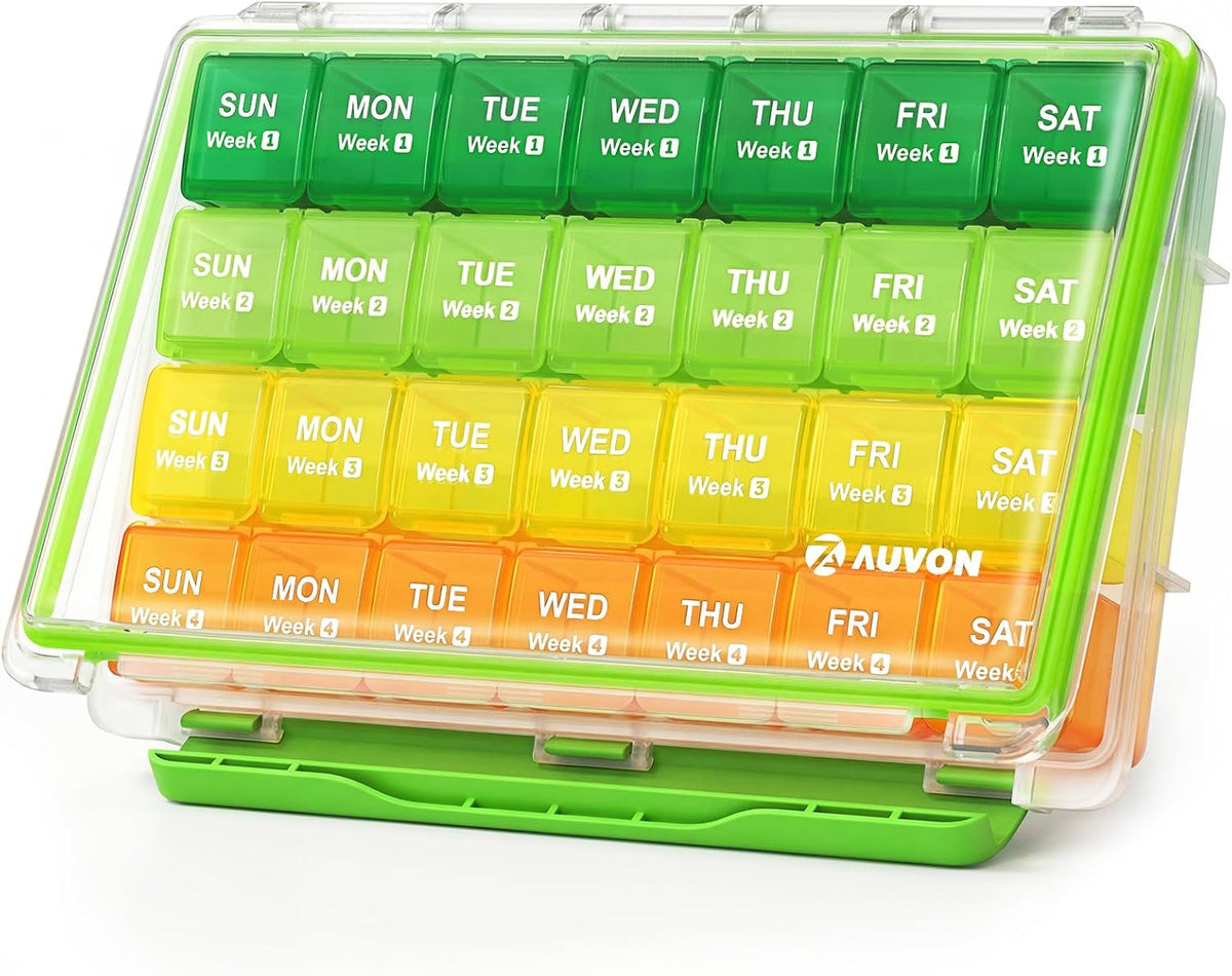 AUVON Moisture-Proof Monthly Pill Organizer, 28-Day Compartments Pill Box Case with Removable 4 Weeks Medication Organizer Rows for Fish Oils, Vitamins, Supplements, Medications, BPA-Free