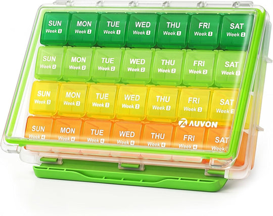 AUVON Moisture-Proof Monthly Pill Organizer, 28-Day Compartments Pill Box Case with Removable 4 Weeks Medication Organizer Rows for Fish Oils, Vitamins, Supplements, Medications, BPA-Free