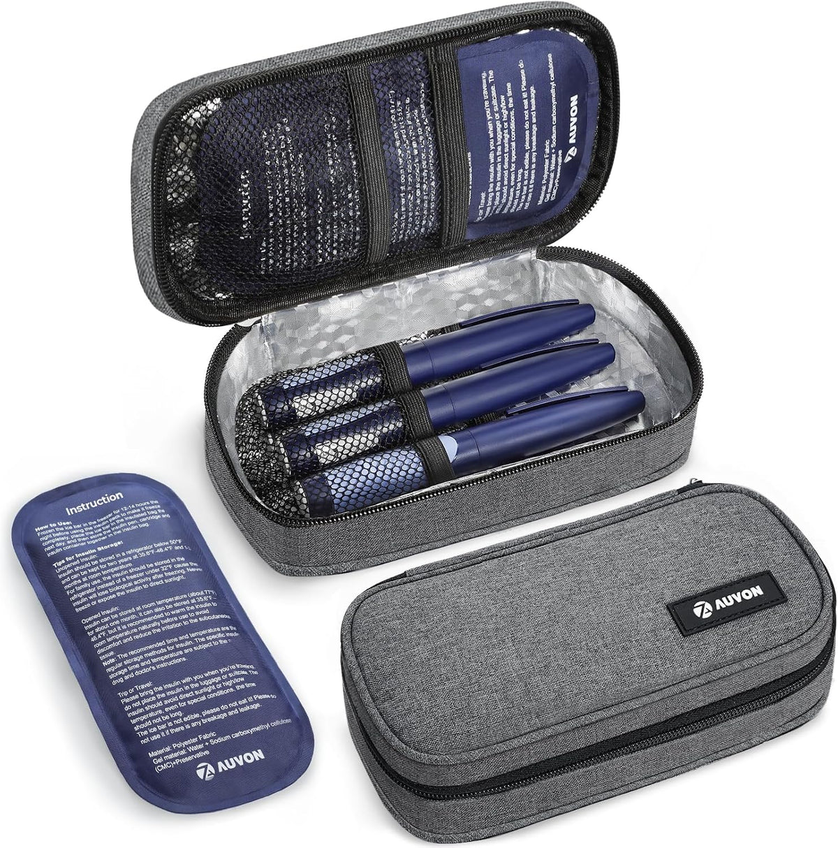 AUVON Insulin Cooler Travel Case, 2x160g TSA Approved Ice Packs, Portable Diabetic Medication Cooler for Travel Holds 3-4 Insulin Pens & Diabetic Supplies, Well-Insulated, Compact for Daily and Trips
