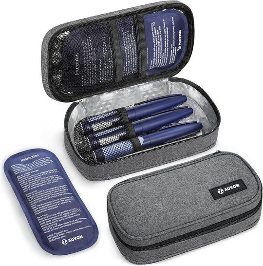 AUVON Insulin Cooler Travel Case, 2x160g TSA Approved Ice Packs, Portable Diabetic Medication Cooler for Travel Holds 3-4 Insulin Pens & Diabetic Supplies, Well-Insulated, Compact for Daily and Trips