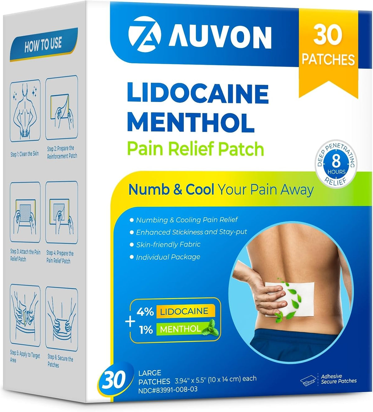 Parches AUVON para alivio del dolor (8 unidades), parches de mentol para hasta 8 horas de alivio del dolor de espalda, dolor muscular, dolor de rodilla, artritis, elegibles para FSA o HSA, tela de calidad para una aplicación sin complicaciones