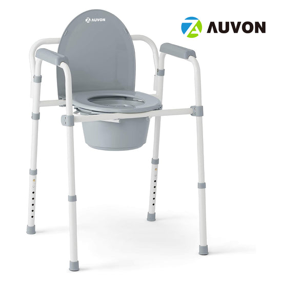 AUVON 3-in-1 Steel Folding Bedside Commode, Commode Chair for Toilet is Height Adjustable, Can be Used as Raised Toilet, Supports 350 lbs