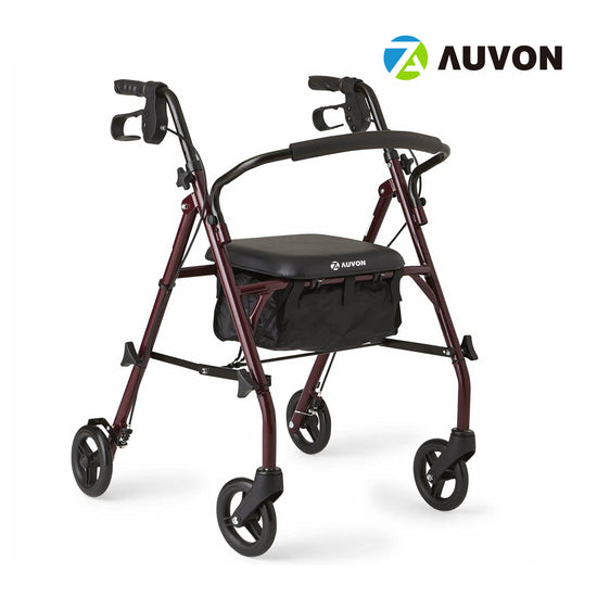 AUVON Rollator Walker with Seat, Steel Rolling Walker with 6-inch Wheels Supports up to 350 lbs, Medical Walker, Burgundy
