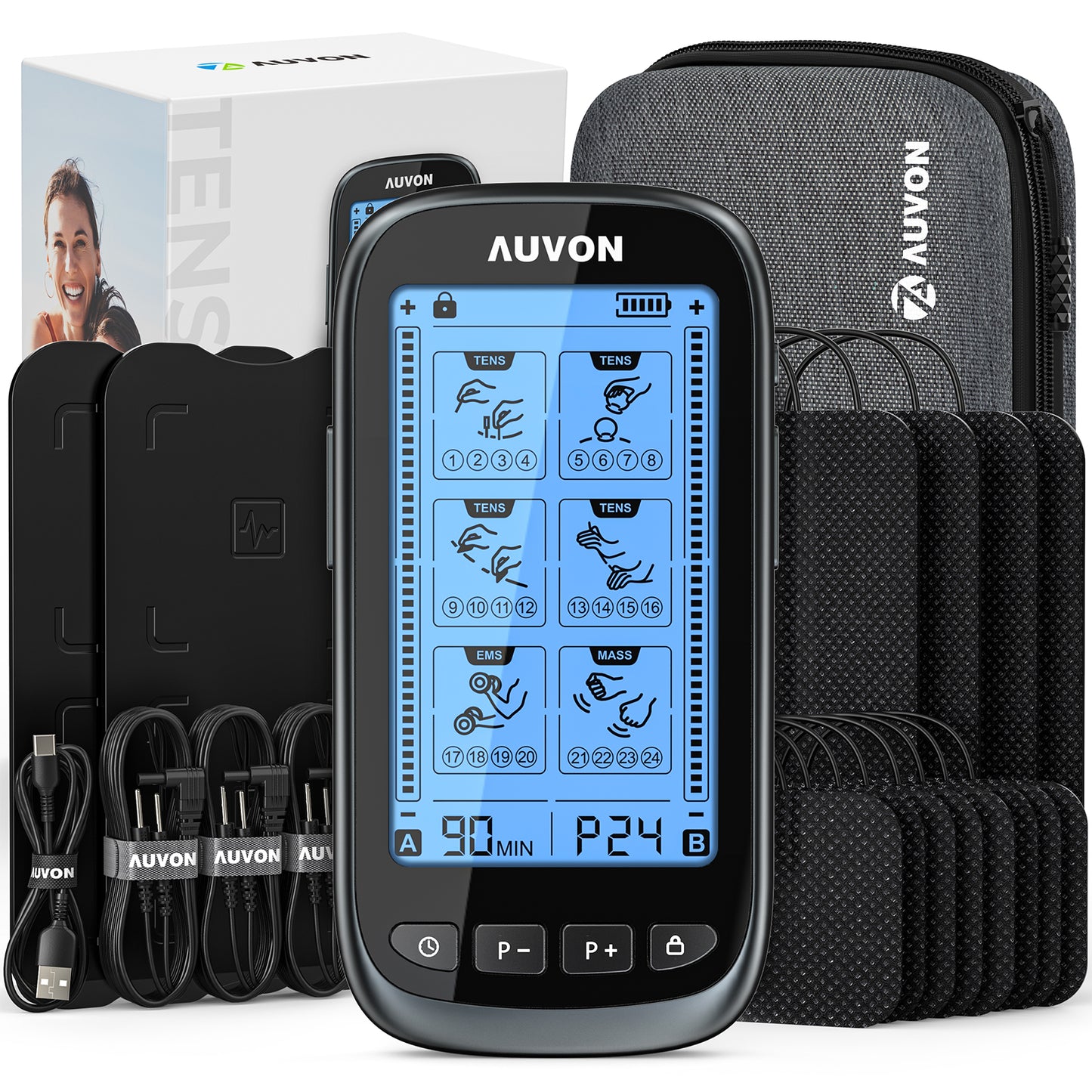 AUVON 3-in-1 TENS Unit Muscle Stimulator, Dual Channel Electronic Pulse Massager, TENS EMS Machine, 24 Modes Muscle Massager for Pain Relief Therapy, EVA Travel Case, 12 Pcs TENS Unit Electrodes Pads