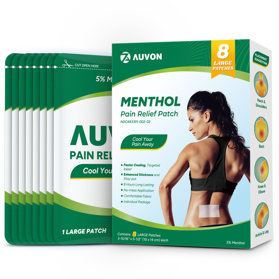 AUVON Pain Relief Patches (8 Count), Menthol Patches for Up to 8hrs of Back Pain Relief, Sore Muscle Relief, Knee Pain Relief, Arthritis, FSA or HSA Eligible, Quality Fabric for Mess-Free Application