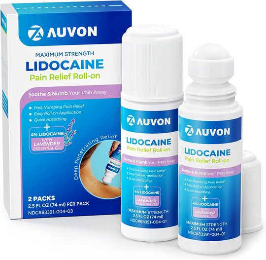 AUVON Max Strength Lidocaine Pain Relief Roll-On with Lavender Oil, No Mess Quick Absorbing, Numb & Soothe Pain for Neck, Shoulders, Back, Knees, Feet, 2.5 Oz, Easy to Carry in Pocket/Hand Bag, 2 Packs