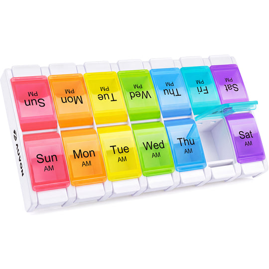 AUVON Weekly Pill Organizer 2 Times a Day, Spring Open Design for Easy Use Medication Organizer, Arthritis Friendly, Large & Color-Coded Compartments for Fish Oils, Vitamins, Supplements, BPA-Free