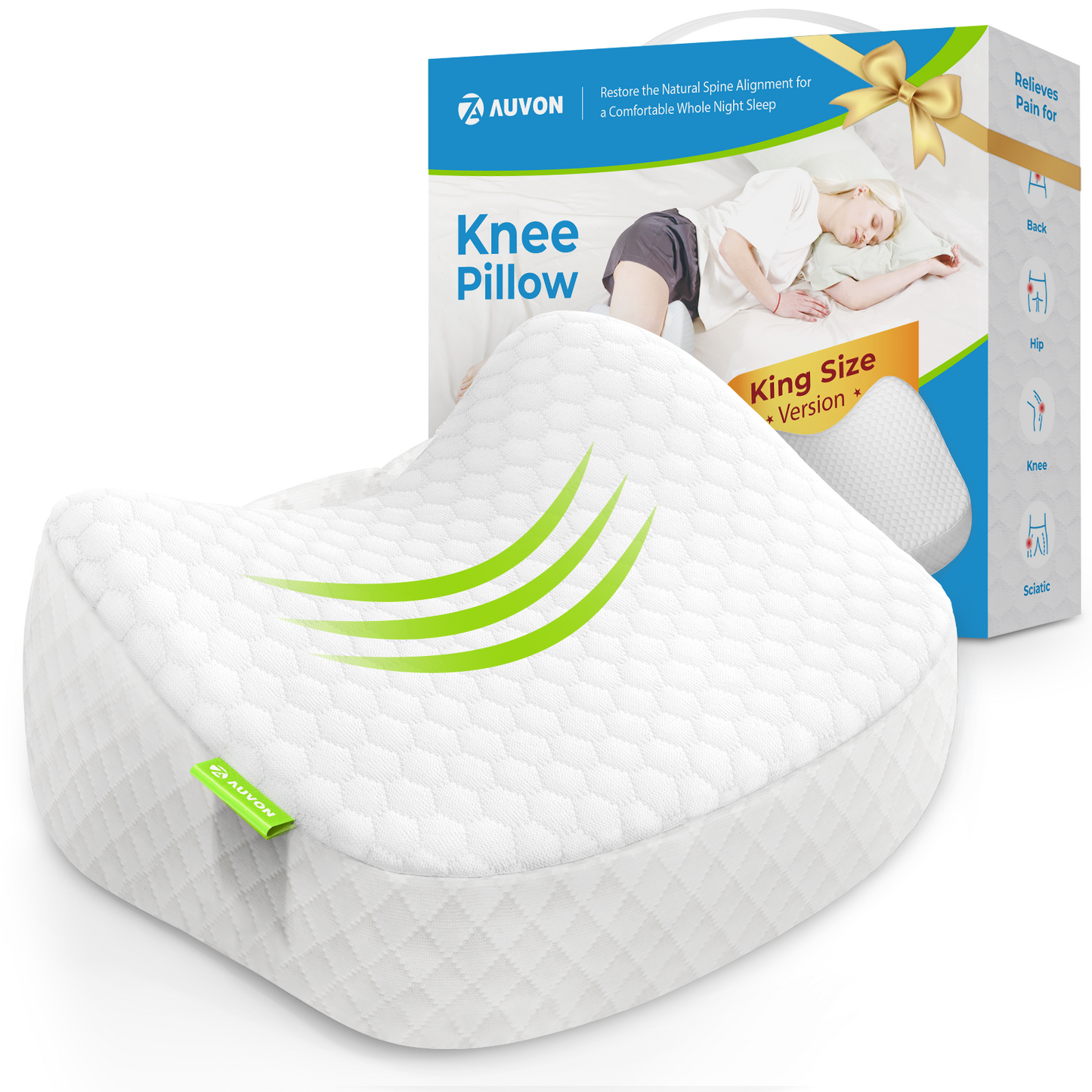 AUVON King Size Knee Pillow for Side Sleepers with Ice Silky Fabric, Enhanced Support Memory Foam Leg Pillow for Sleeping, Large Hip Pillow for Soothing Back, HIPS, Knee Joints, Sciatica Pain Relief