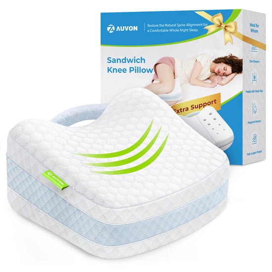 AUVON Leg & Knee Pillow for Side Sleepers with Ice Silky Fabric, Enhanced Softness & Support Memory Foam Pillow Improves Sleeping Comfort for Spine Alignment, Back, Knee Joints and Hip Pain Relief