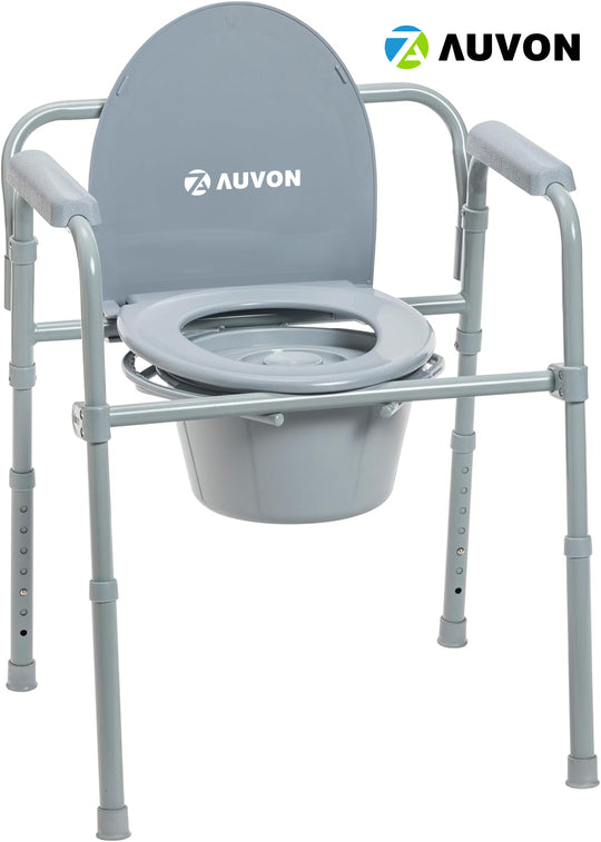 AUVON Folding Steel Bedside Commode Chairs, Portable Toilet, Supports Individuals Weighing Up To 350 Lbs, with 7.5 Qt. Bucket and 13.5 Inch Seat, Grey