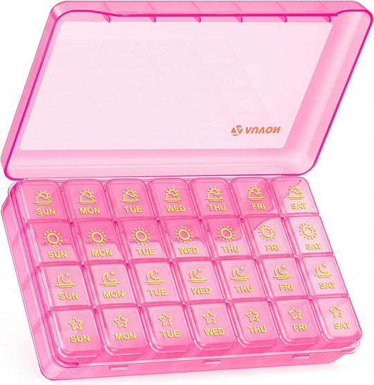AUVON Weekly Pill Organizer 4 Times a Day, Large Easy-to-Track Labels, Pink Large Pill Case with Dual Protection, Easy-Open Lids, Spill-Proof Travel Pill Box 7 Day for Medication, Vitamins, Fish Oils