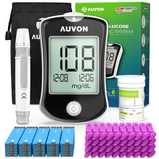 Kit medidor de glucosa en sangre AUVON, kit de prueba de azúcar en sangre de alta precisión con 50 tiras reactivas para glucómetro, 50 lancetas 30G, 1 dispositivo de punción, kit de prueba de diabetes I-QARE DS-W, no requiere codificación, tamaño de viaje
