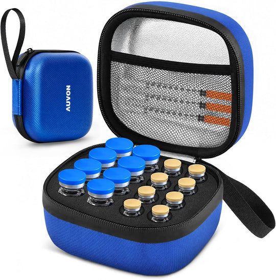 AUVON Universal Insulin Peptide Case for Fridge, 16 Slots for 1–15 ml Vials Insulin Vial Case for Fridge, Adjustable Foam Insert, Vial Holder with Moisture & Odor Protection, Insulated Aluminum Lining