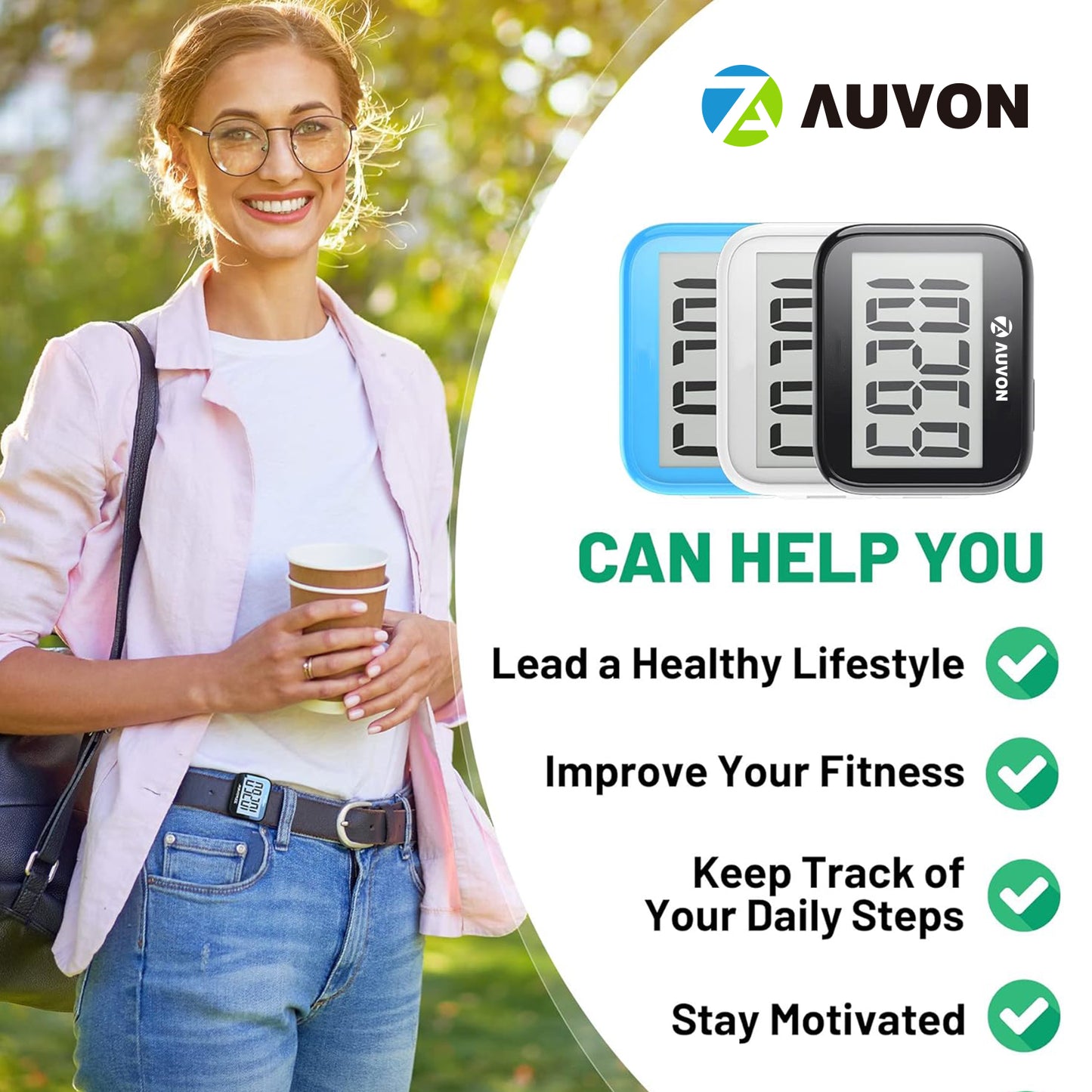 AUVON 3D Pedometer for Walking, Simple Step Counter