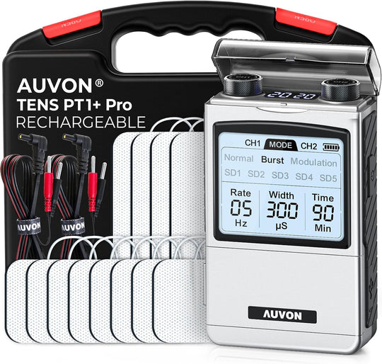 Électrostimulateur musculaire TENS à écran tactile AUVON, appareil TENS à deux canaux et 24 modes pour soulagement de la douleur, 2 fois l'autonomie de la batterie, réglage de la durée continue, sac anti-poussière, serre-câbles et 10 électrodes