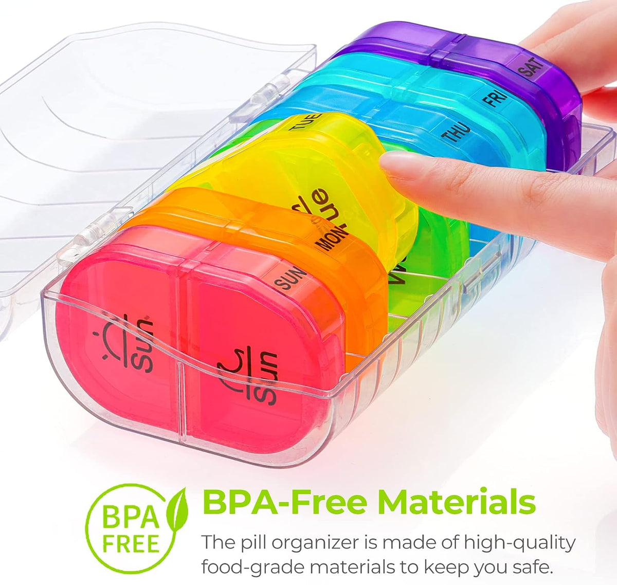 AUVON Pill Box 2 Times a Day, 7-Color for Easy Tracking, Dual Protection Weekly Pill Organizer AM PM with 7 Daily Pocket Case to Hold Vitamin, Medicine, Medication, and Supplement, BPA-free