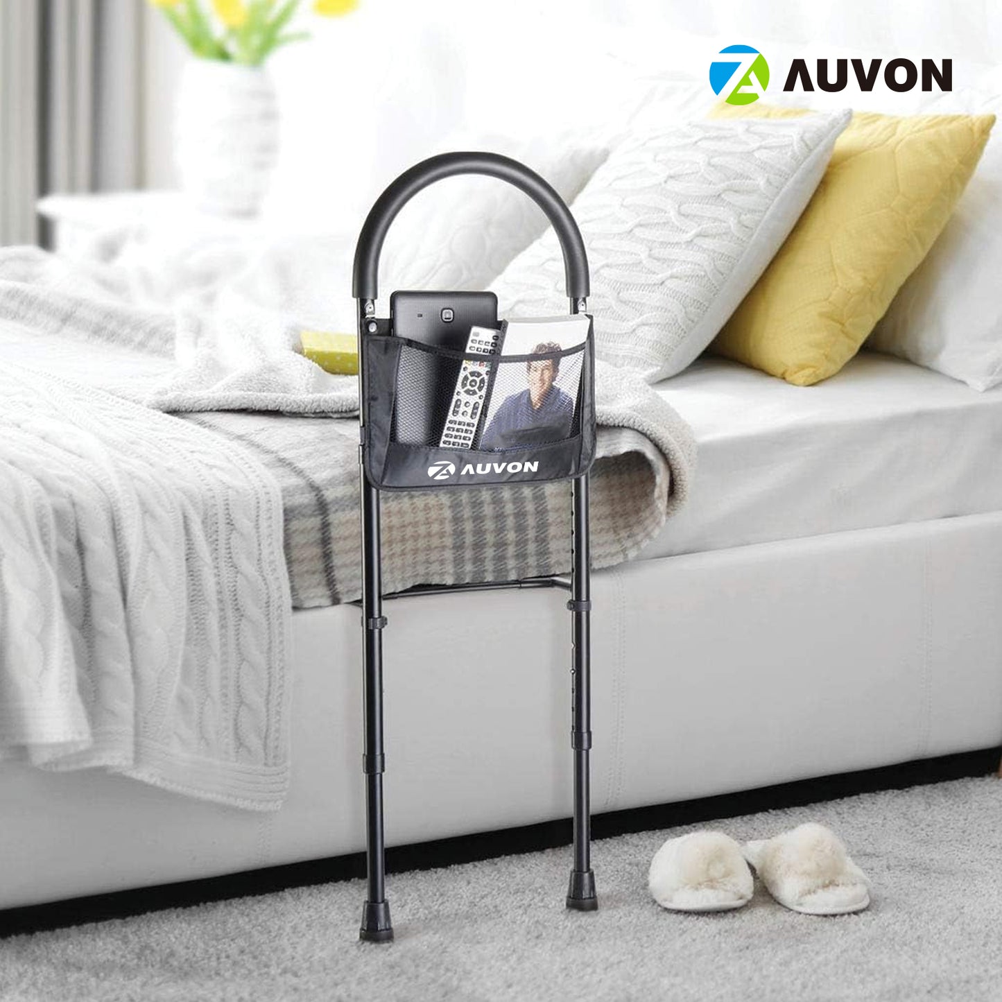 AUVON Bed Assist Rail with Adjustable Heights - with Storage Pocket - for Seniors with Hand Assistant bar - Easy to get in or Out of Bed Safely with Floor Support