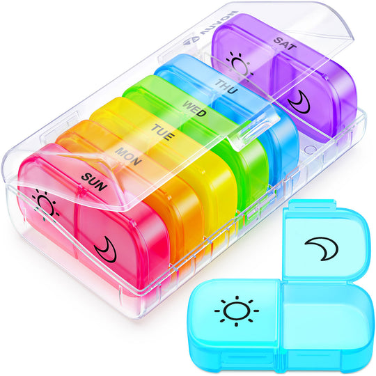 AUVON XL Weekly Pill Organizer 2 Times a Day with Large Opening for Easy Filling, AM PM Pill Box 7 Day in Rainbow Colors, Portable Travel Pill Case for Medication, Vitamins, Fish Oils, Supplements