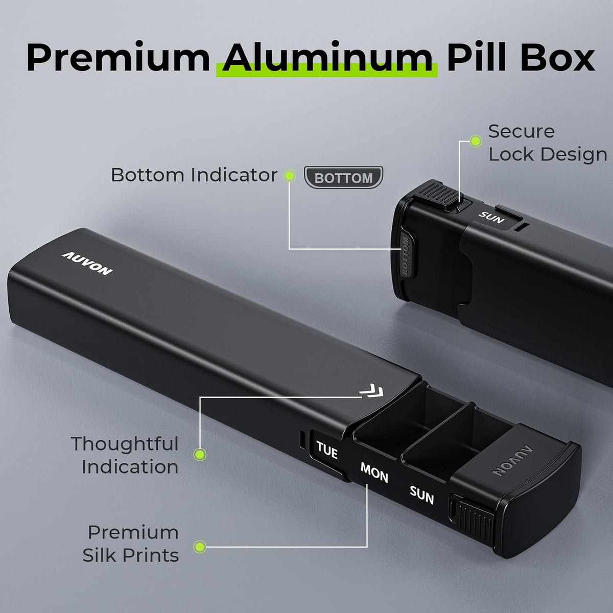 Pilulier hebdomadaire métallique AUVON avec design coulissant, élégant pilulier de voyage 7 jours pour la protection de la vie privée, étui à pilules en alliage d'aluminium avec grand compartiment pour les compléments, l'huile de poisson (noir)