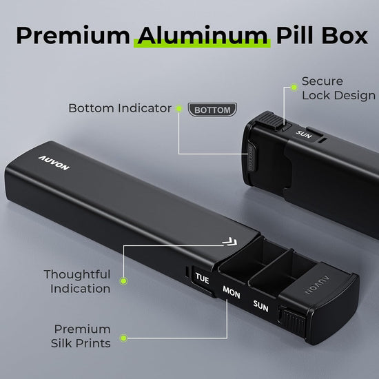 AUVON Metal Weekly Pill Organizer with Slide Design, Stylish Travel Pill Box 7 Day for Privacy Protection, Aluminum Alloy Pill Case with Large Compartment for Supplements, Fish Oil