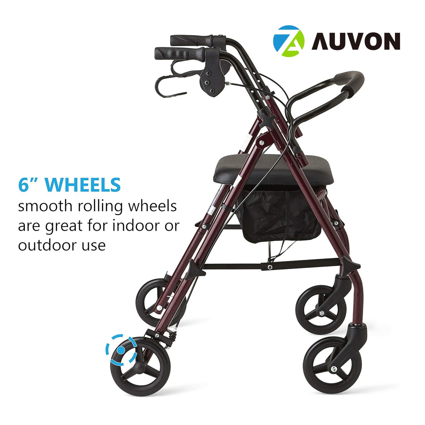 AUVON Rollator Walker with Seat, Steel Rolling Walker with 6-inch Wheels Supports up to 350 lbs, Medical Walker, Burgundy