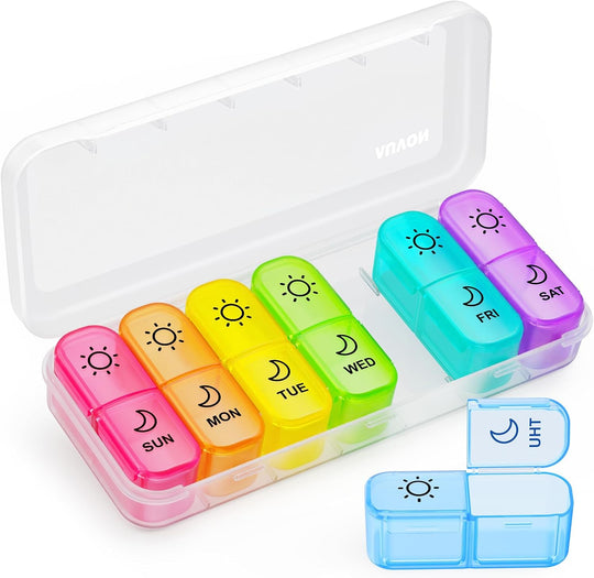 AUVON Weekly Pill Organizer 2 Times a Day, Face-Up Labels for Easy Tracking Portable AM PM Pill Box 7 Day, Color-coded Comparments for Medications, Vitamins, Fish Oils, Supplements, BPA-free Pill Case
