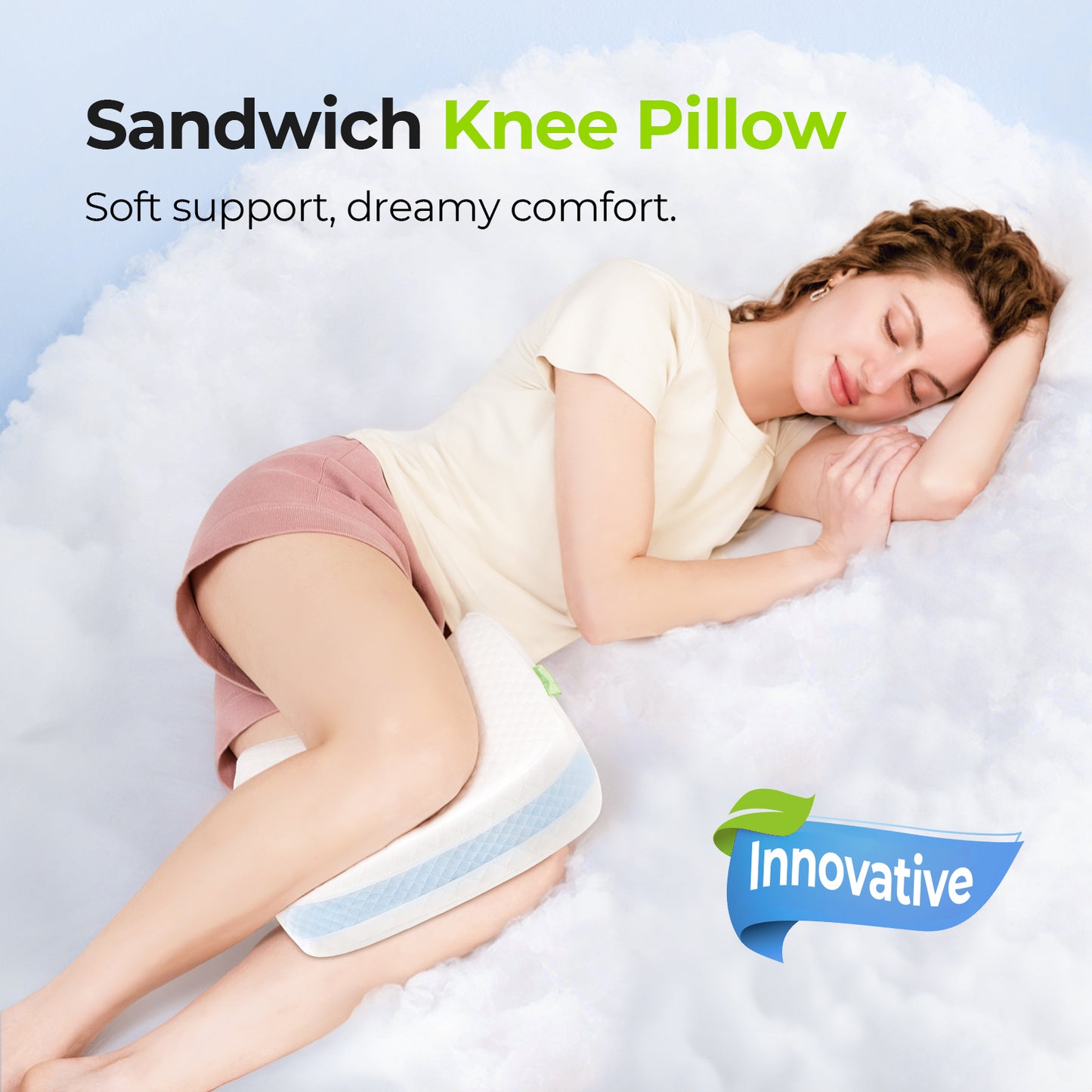 AUVON Leg & Knee Pillow for Side Sleepers with Ice Silky Fabric, Enhanced Softness & Support Memory Foam Pillow Improves Sleeping Comfort for Spine Alignment, Back, Knee Joints and Hip Pain Relief