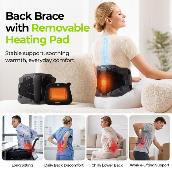 AUVON Back Brace with Removable Heating Pad for Lower Back Pain Relief 5-Stay Lumbar Support Belt for Men & Women, Adjustable Back Support Brace for Sciatica, Herniated Disc, Work & Heavy Lifting