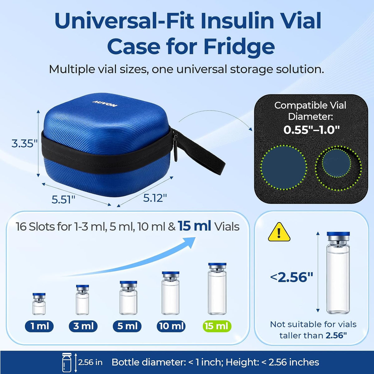 AUVON Universal Insulin Peptide Case for Fridge, 16 Slots for 1–15 ml Vials Insulin Vial Case for Fridge, Adjustable Foam Insert, Vial Holder with Moisture & Odor Protection, Insulated Aluminum Lining