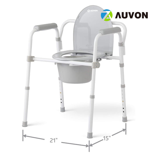 AUVON 3-in-1 Steel Folding Bedside Commode, Commode Chair for Toilet is Height Adjustable, Can be Used as Raised Toilet, Supports 350 lbs