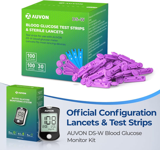 Bandelettes de test de glycémie AUVON I-QARE DS-W (150 pièces) à utiliser avec le lecteur de glycémie AUVON DS-W (sans codage requis, 2 boîtes de 75 chacune)