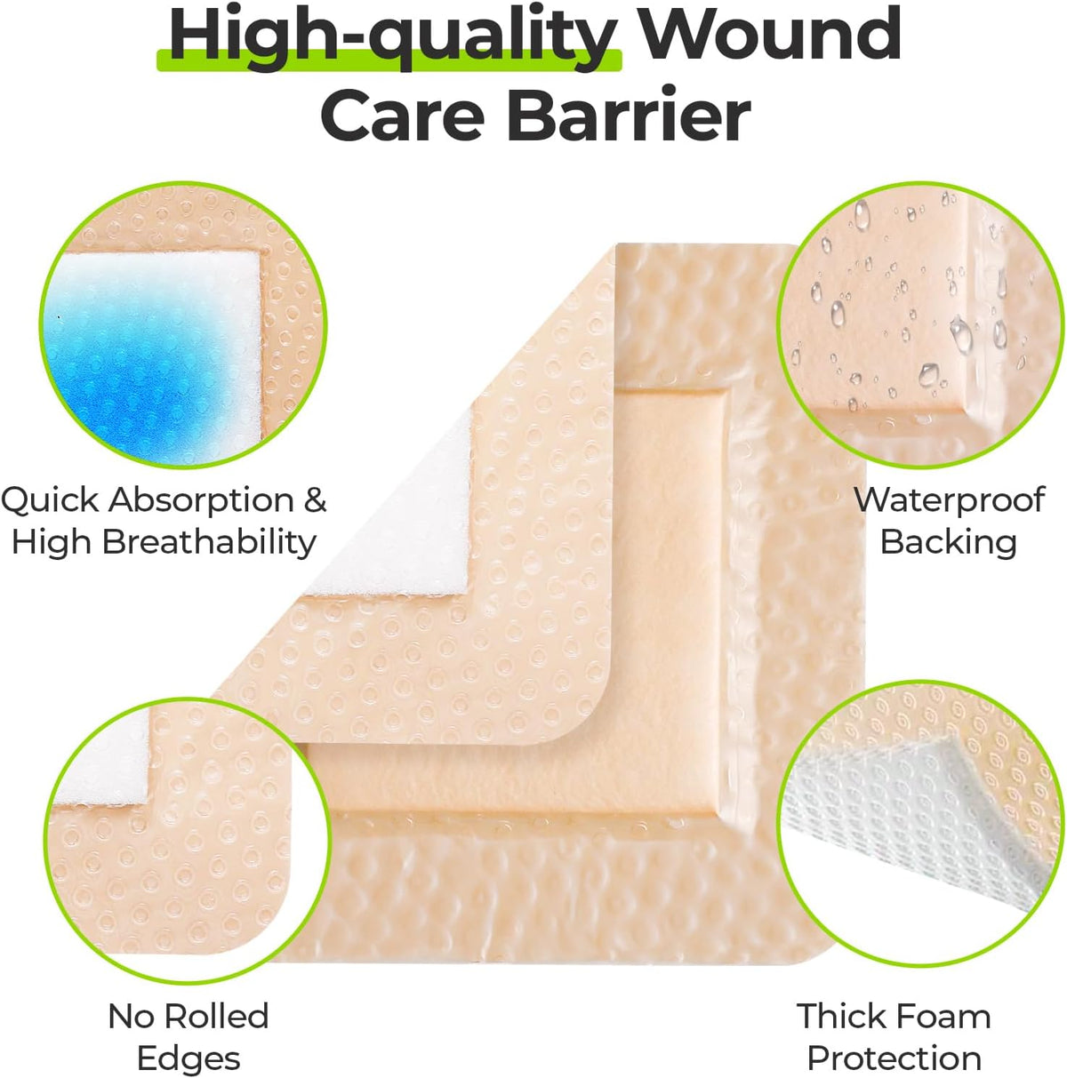 AUVON Silicone Foam Dressing with Large Adhesive Border, Wound Dressing Pads with High Absorbency, Waterproof for Wound Care & Protection Plus Cushioning, Skin-Friendly, Easy Off