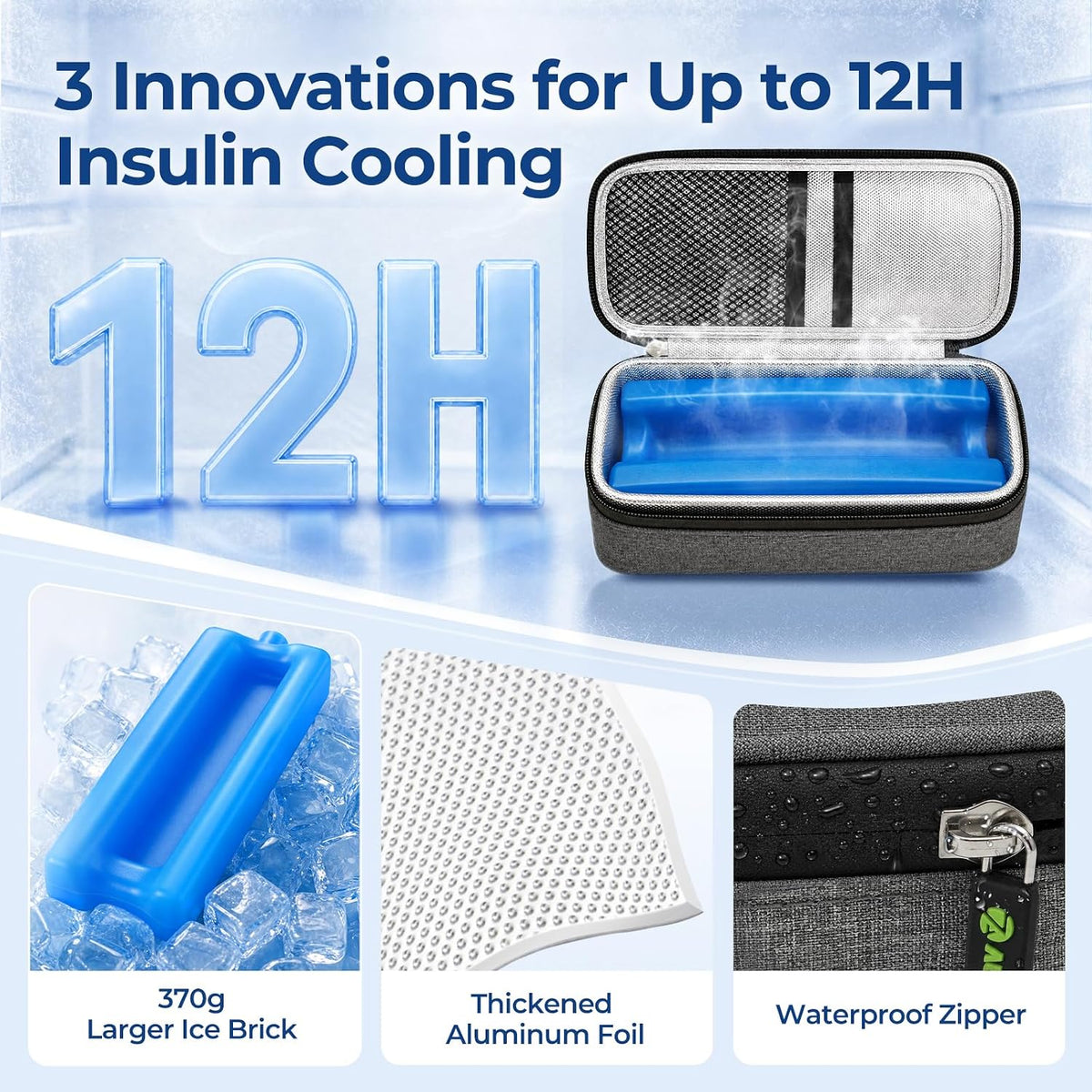 AUVON Insulin Vial Cooler Travel Case, Up to 12H Cooling, 370g Ice Brick GLP-1 & Peptide Travel Case TSA Approved, Safe Anti-Freezing Foam, Well-Insulated 3-Layer Protection for 3-15ml Vials, Pens