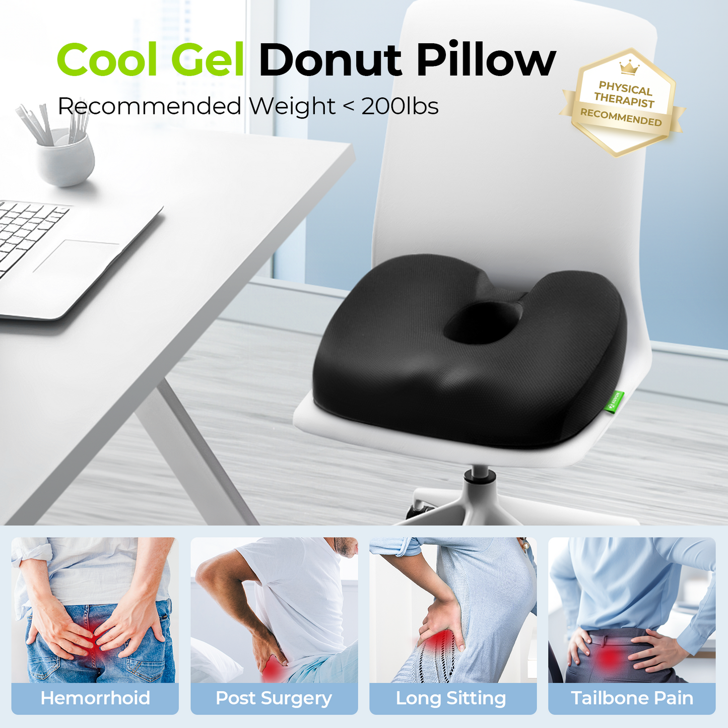 AUVON Cool Donut Pillow with Gel Layer & Scientific Center Hole, Hemorrhoid Pillow with U-Shaped Cutout for Tailbone Pain Relief, Donut Cushion for Long Sitting, Sciatica, Pregnancy, Post-surgery