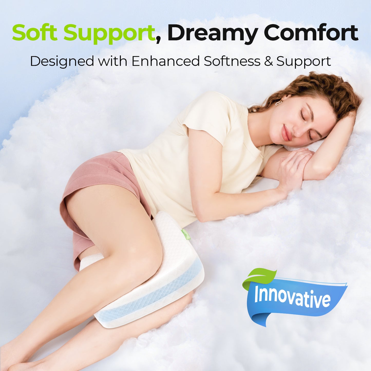 AUVON Leg & Knee Pillow for Side Sleepers with Ice Silky Fabric, Enhanced Softness & Support Memory Foam Pillow Improves Sleeping Comfort for Spine Alignment, Back, Knee Joints and Hip Pain Relief