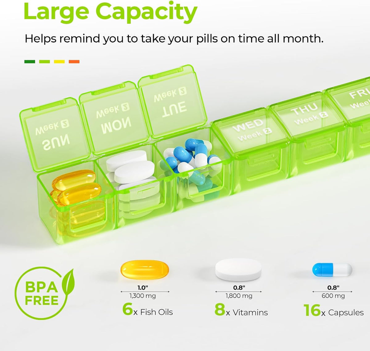AUVON Moisture-Proof Monthly Pill Organizer, 28-Day Compartments Pill Box Case with Removable 4 Weeks Medication Organizer Rows for Fish Oils, Vitamins, Supplements, Medications, BPA-Free