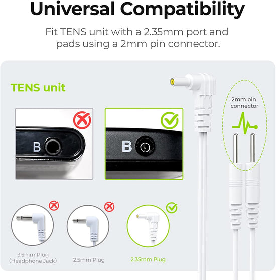 AUVON Durable TENS Unit Electrode Lead Wire for TENS EMS Units, 2 Pack Lead Wires with 40,000+ Bends (10X Durability), Compatible with Electric Muscle Stimulators in 2.35mm Plugs & 2mm Pin Pads