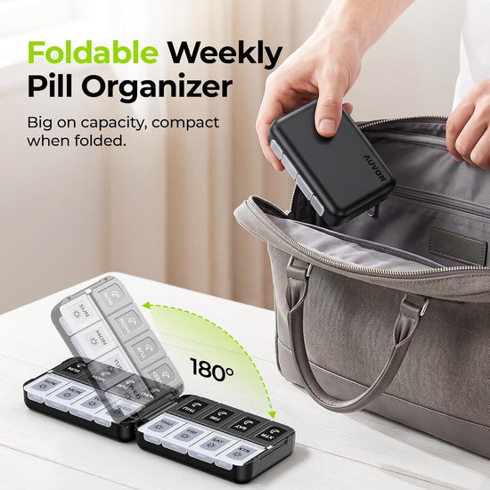 AUVON Travel Weekly Pill Organizer 2 Times a Day, Magnetic Foldable Design Compact & Spacious AM PM Pill Box Case, Dual-Color Tracking Labels, Privacy Protection, Fits Fish Oils, Supplement, Vitamins