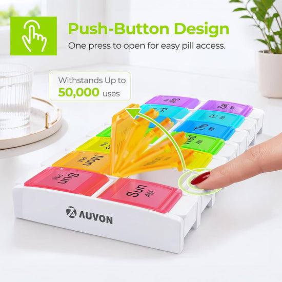 AUVON Weekly Pill Organizer 2 Times a Day, Spring Open Design for Easy Use Medication Organizer, Arthritis Friendly, Large & Color-Coded Compartments for Fish Oils, Vitamins, Supplements, BPA-Free