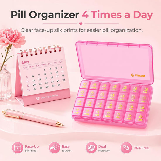AUVON Weekly Pill Organizer 4 Times a Day, Large Easy-to-Track Labels, Pink Large Pill Case with Dual Protection, Easy-Open Lids, Spill-Proof Travel Pill Box 7 Day for Medication, Vitamins, Fish Oils